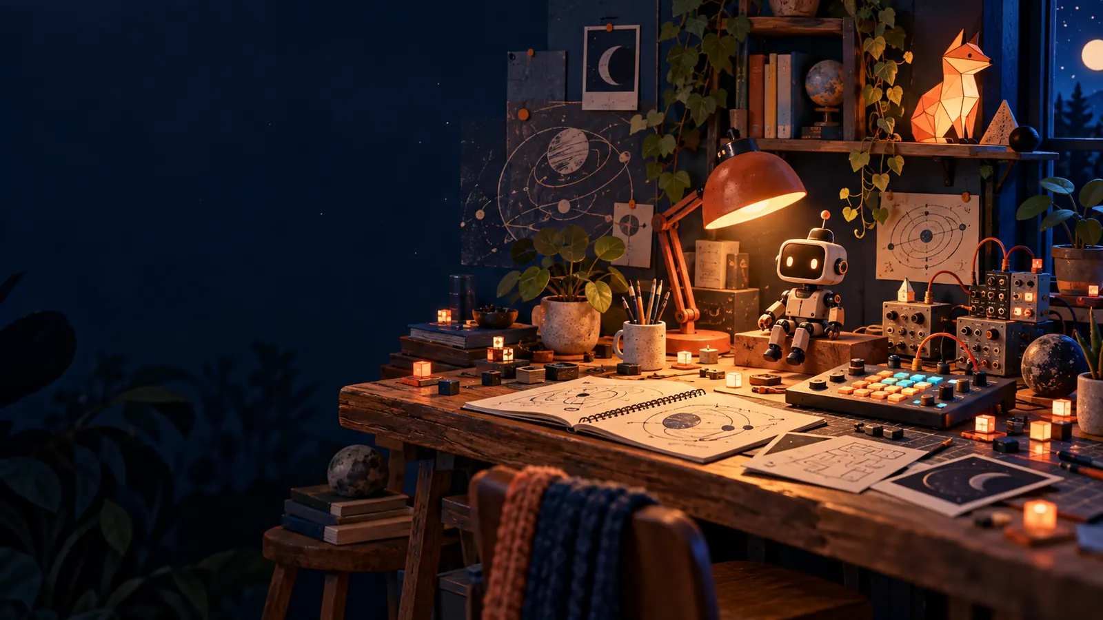 An inviting maker's workbench at night, with glowing objects and a small orange fox motif