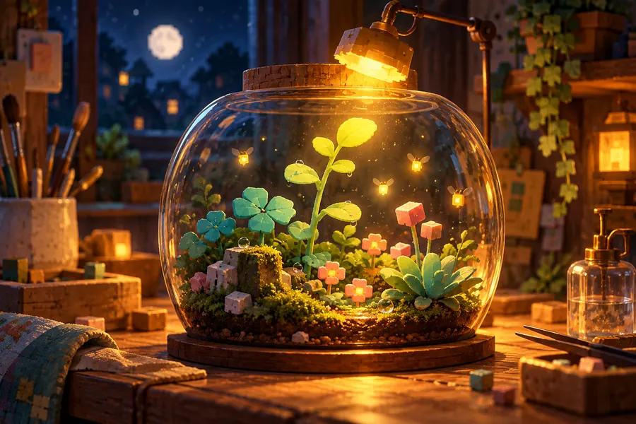 A glowing miniature garden inside a glass terrarium on a maker's workbench